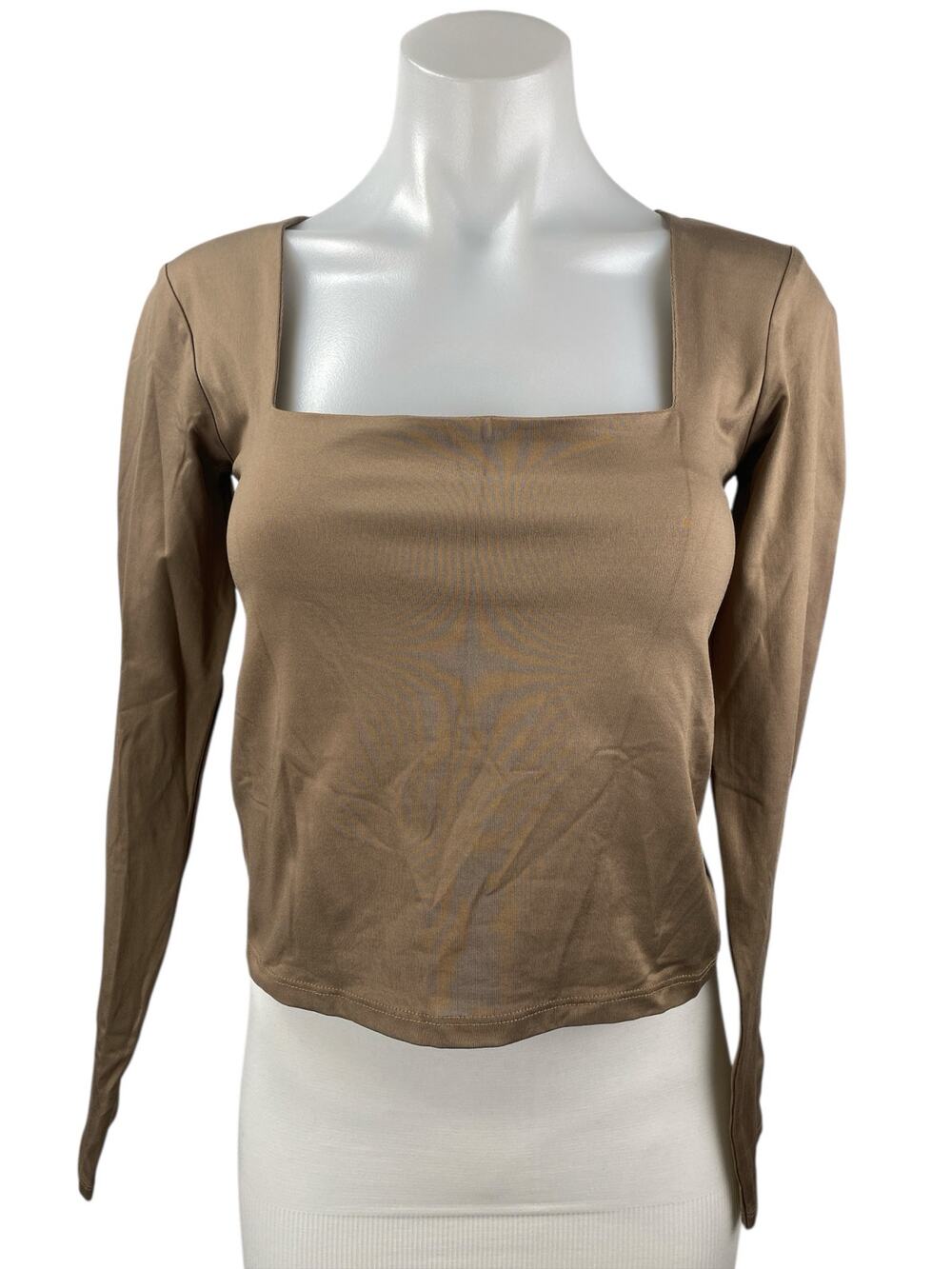 Stradivarius Women's Tan Square Neck Long Sleeve Stretch Blouse Crop Top Size L
